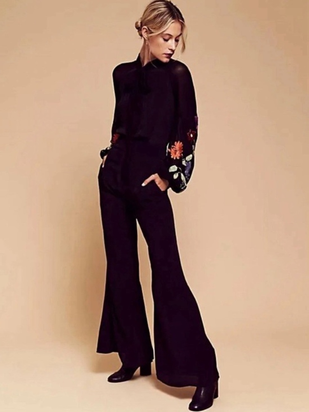 Free People “Smoke Rings”Black Jumpsuit w/Floral Embroidered Sleeves - Size 4